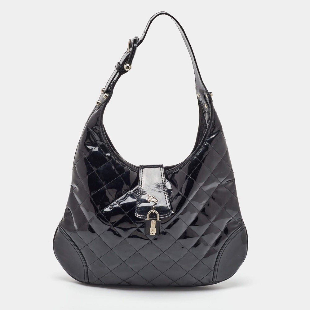 BURBERRY Black Quilted Patent Leather Brooke Hobo